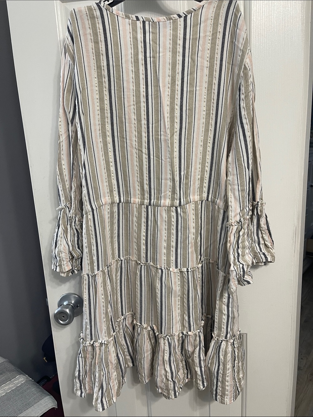 blue island Beige, White & Navy Striped Tiered Long Sleeve Dress